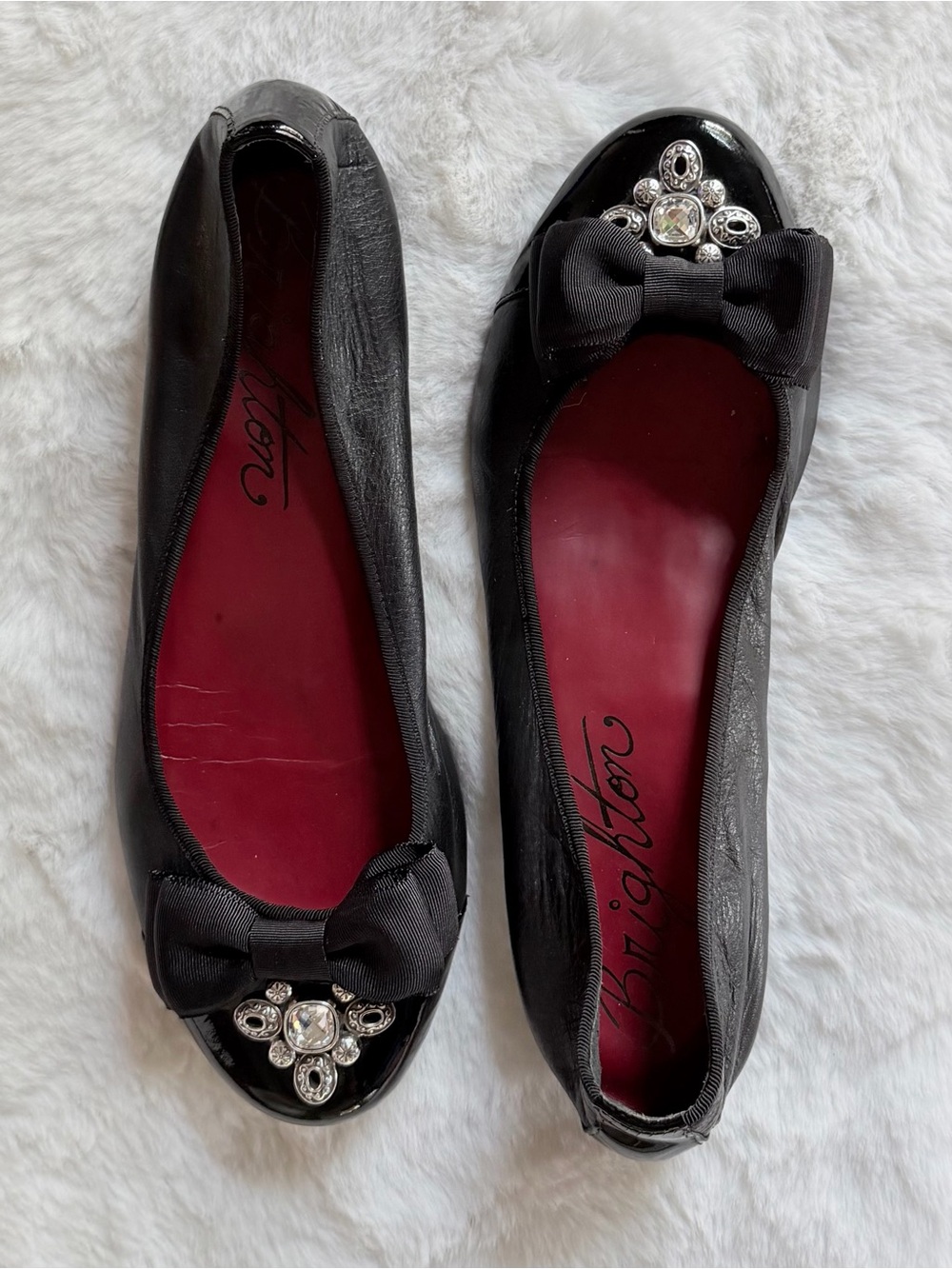 BRIGHTON 10 Bow Ballerina Flats Black Leather Toe Cap Ballet Swarovski Crystal